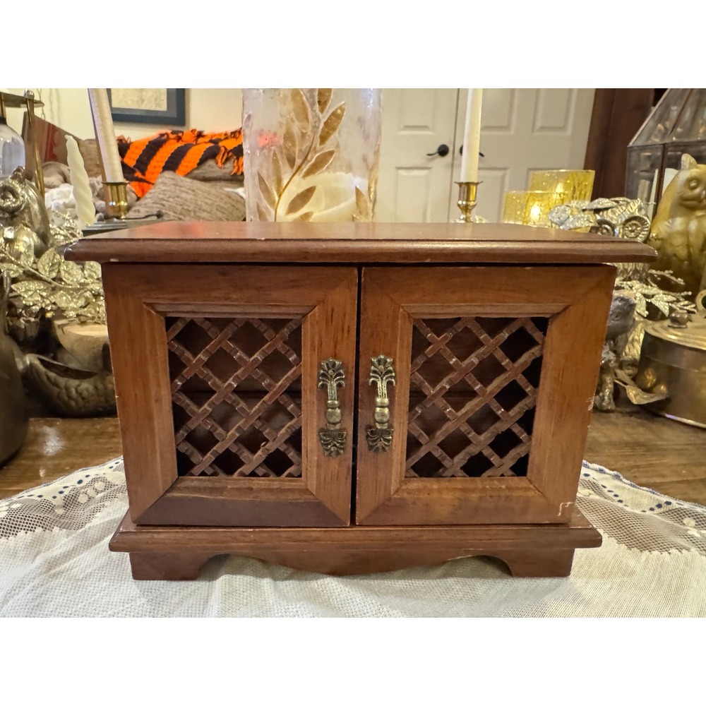 Vintage Wooden Jewelry Box Musical Armoire Cabinet Lattice Doors Yellow Lining